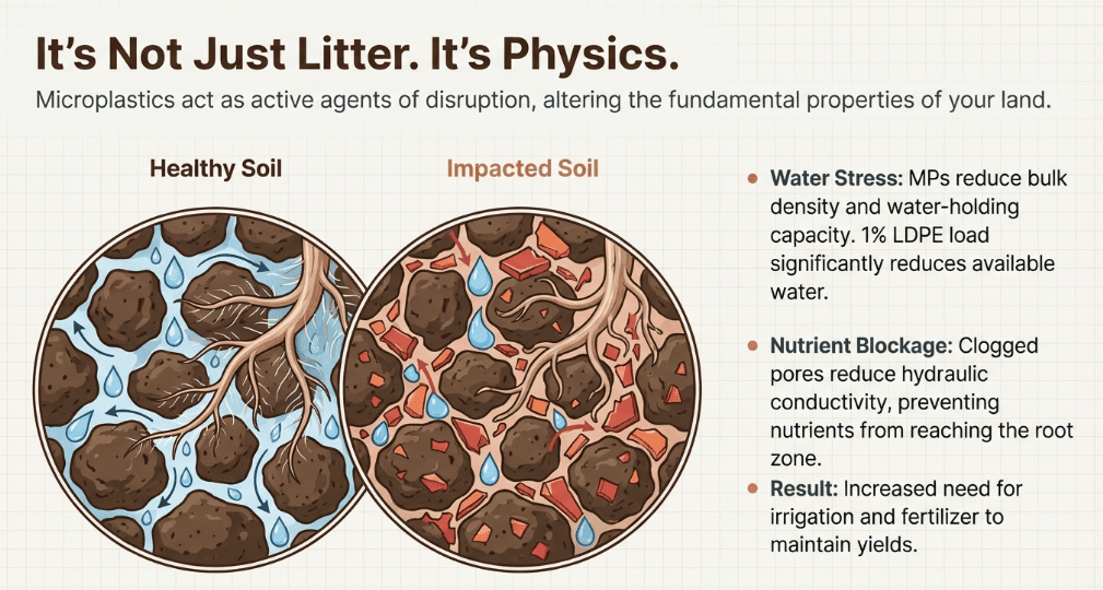 Visualization showing problems microplastics cause for soil and crops